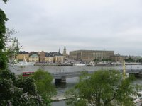 view of Gamla Stan from a hill across from Skeppsholmsbron bridge